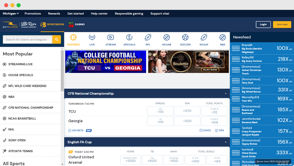 Screenshot of BetRivers Michigan homepage