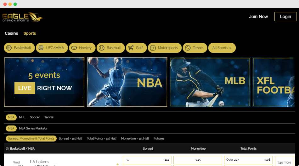 Screenshot of Eagle Casino and Sports Michigan homepage